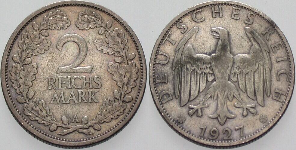 2 Reichsmark 1927 J. 320 Patina, sehr schön