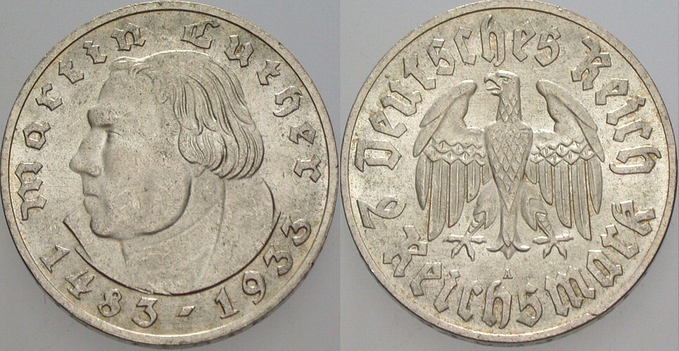 2 Reichsmark 1933 J. 352 Patina, fast Stempelglanz