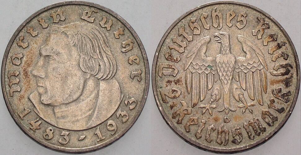 2 Reichsmark 1933 J. 352 Patina, sehr schön - vorzüglich