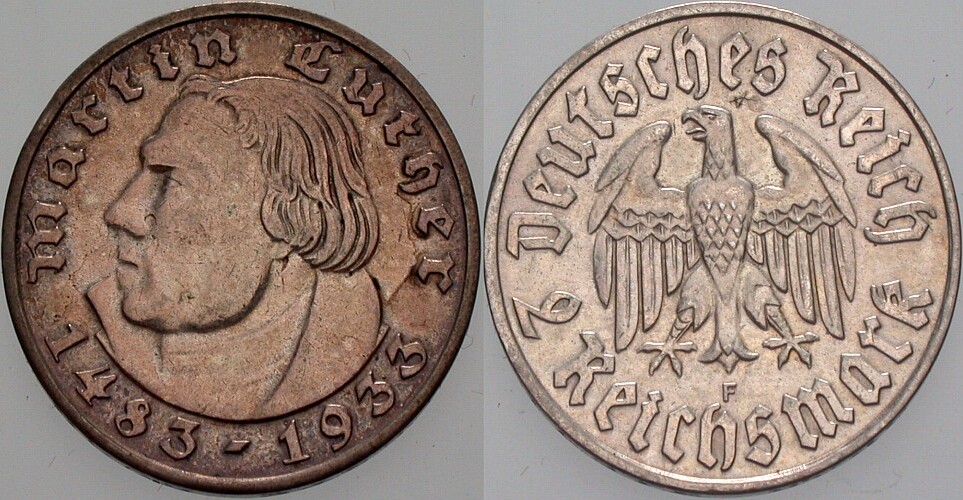 2 Reichsmark 1933 J. 352 Patina, winz. Randfehler, vorzüglich