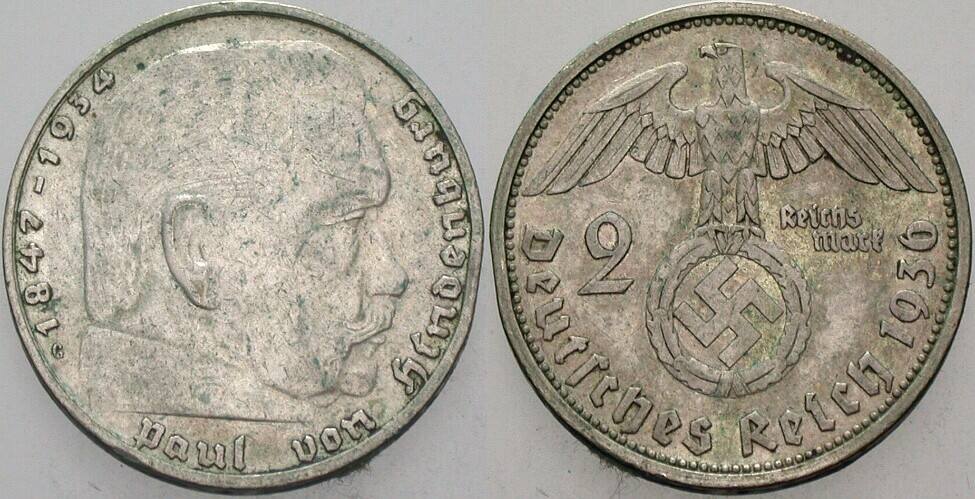 2 Reichsmark 1936 J. 366 Patina, sehr schön