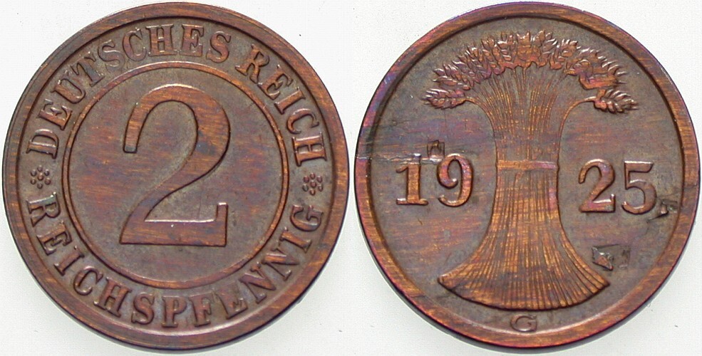 2 Reichspfennig 1925 J. 314 Schrötlingsfehler im Feld, sonst sehr schön - vorzüglich
