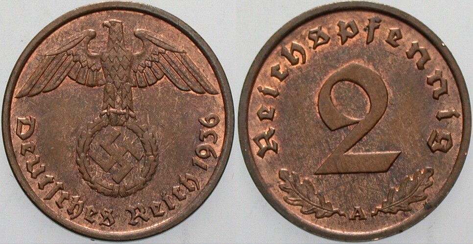 2 Reichspfennig 1936 J. 362 Patina, vorzüglich - Stempelglanz