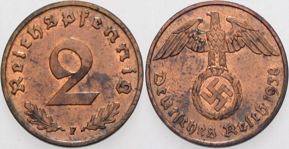 2 Reichspfennig 1938 J. 362 Patina, vorzüglich - Stempelglanz