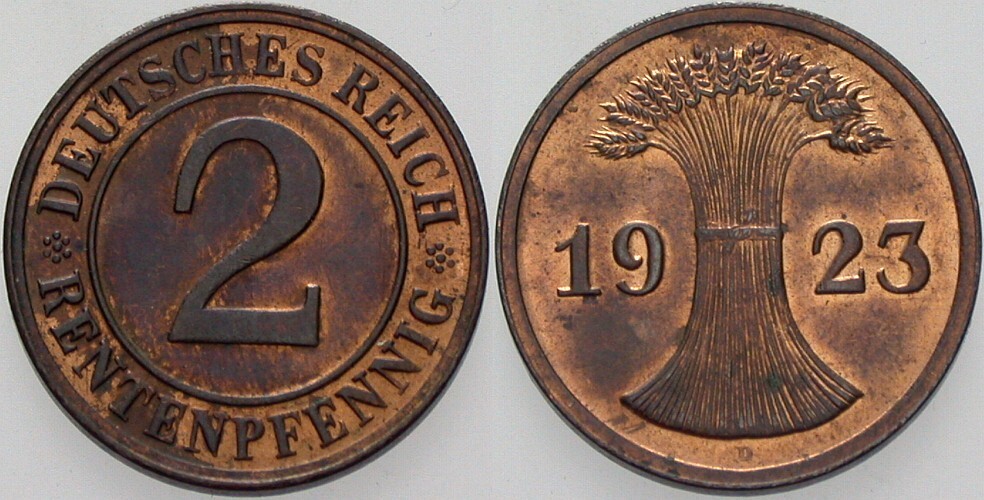 2 Rentenpfennig 1923 J. 307 Patina, vorzüglich - Stempelglanz