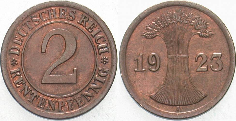 2 Rentenpfennig 1923 J. 307 Patina, vorzüglich