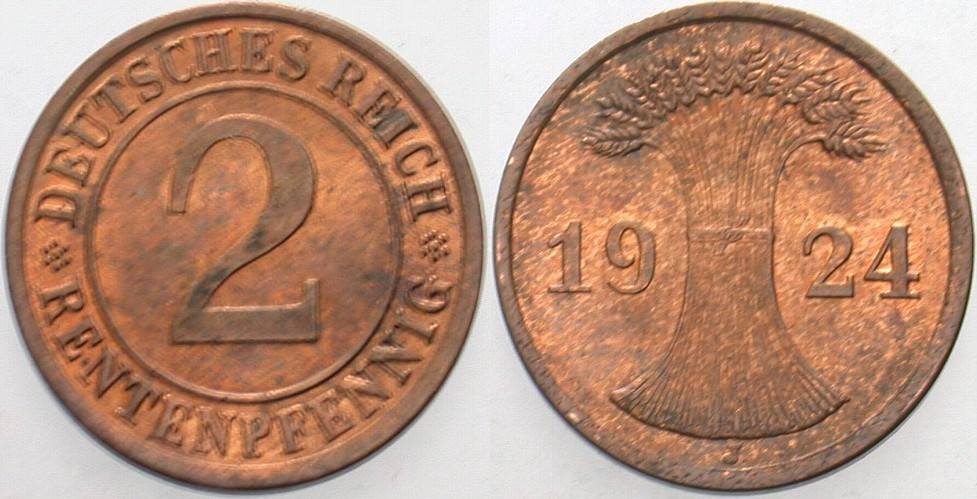 2 Rentenpfennig 1924 J. 307 Patina, vorzüglich +