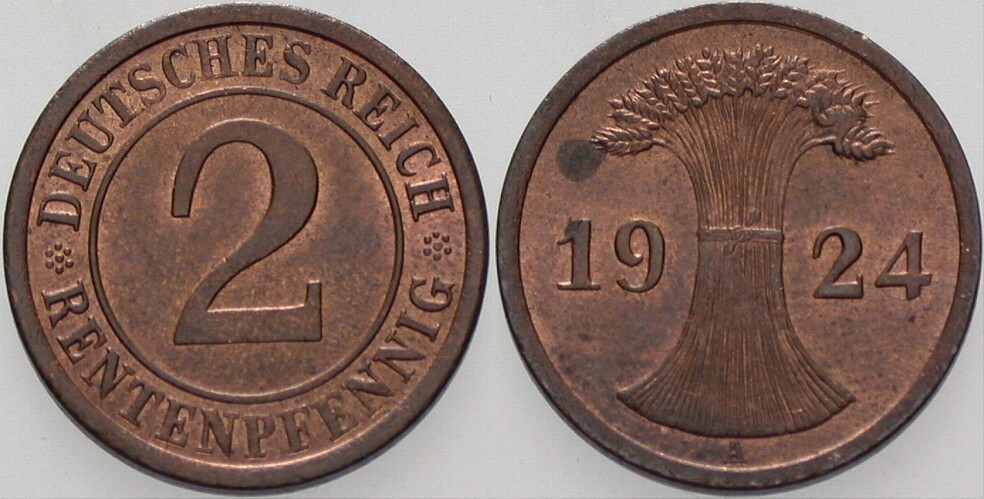 2 Rentenpfennig 1924 J. 307 Patina, vorzüglich - Stempelglanz