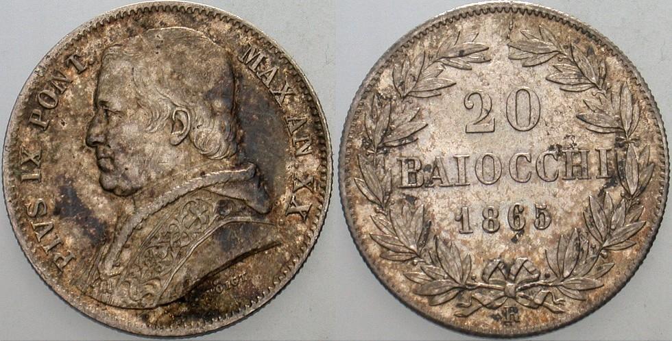 20 Baiocchi 1865 - XX Krause/Mishler 1360 a Fleckige Patina, vorzüglich