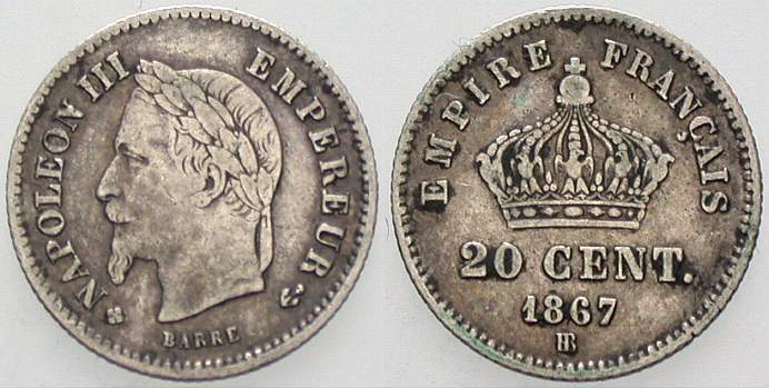 20 Centimes 1867 Gadoury 309 Sehr schön