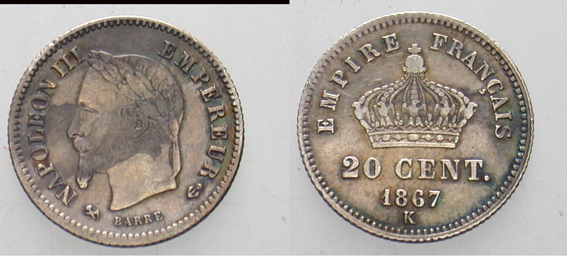 20 Centimes 1867 K.M. 808.3 Patina, sehr schön
