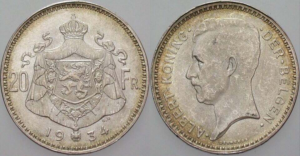 20 Francs 1934 KM 104.1 Vorzüglich - Stempelglanz / Patina