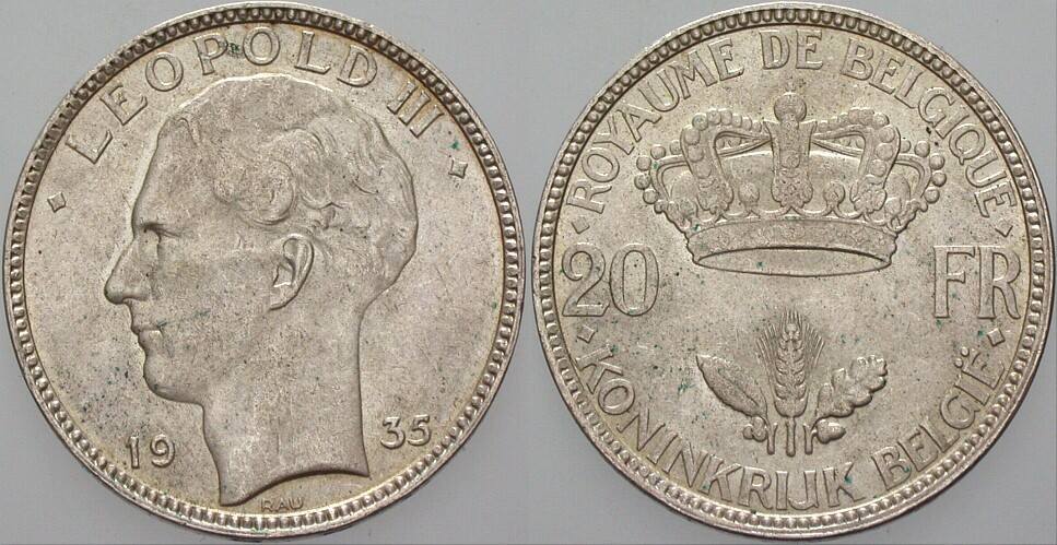 20 Francs 1935 KM. 105 Patina Stempelglanz