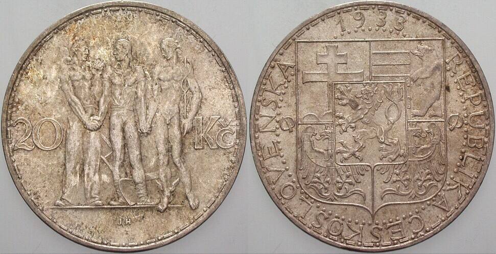 20 Korun 1933 K.M. 17 Patina, vorzüglich