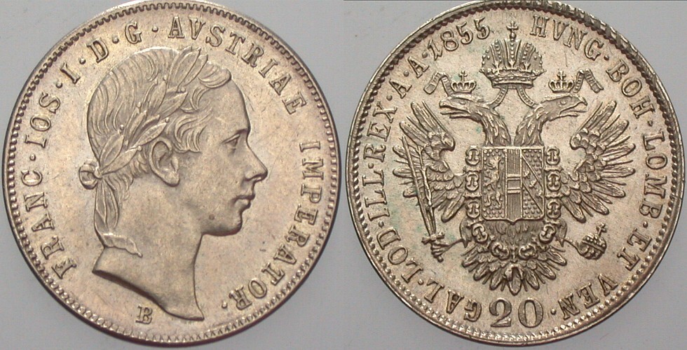 20 Kreuzer 1855 Jl. 294 ANK 20 Leichte Patina, fast Stempelglanz