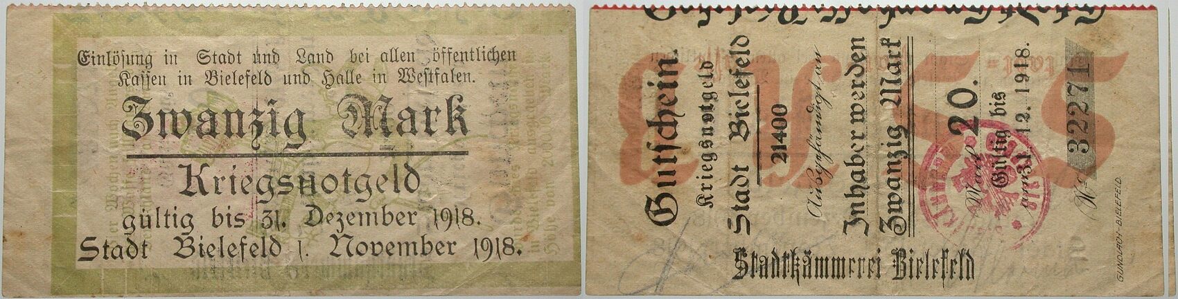 20 Mark 01.11.1918-31.12.1918 Topp 74.21. Gebraucht