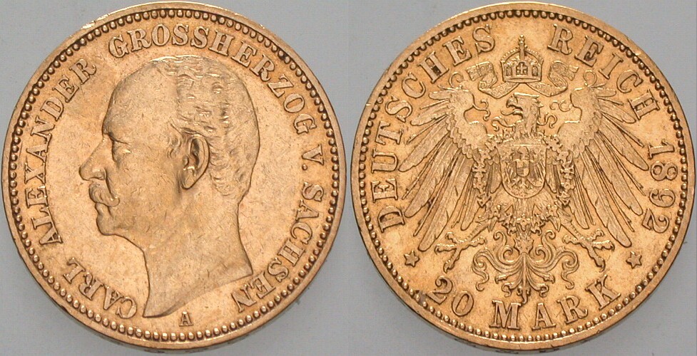 20 Mark 1892 Jaeger 282 Wz. Rdf., sehr schön - vorzüglich