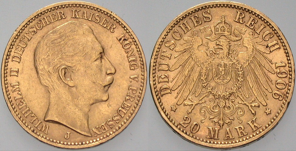 20 Mark 1906 Jaeger 252 Wz.Druckstelle, wz. Rdf., vorzüglich