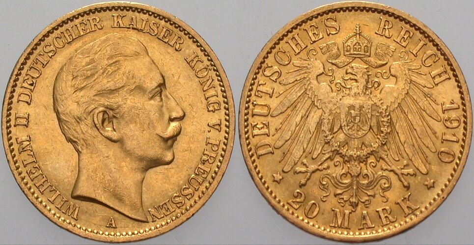 20 Mark 1910 Jaeger 252 Vorzüglich