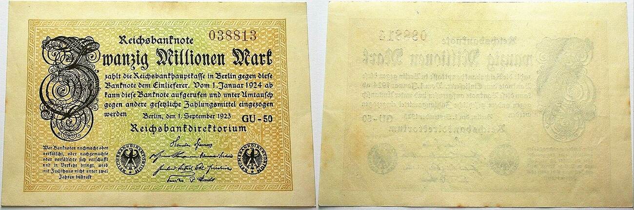 20 Millionen Mark 1.9.1923 Rosenberg DEU-121 h //107 Leicht gebraucht