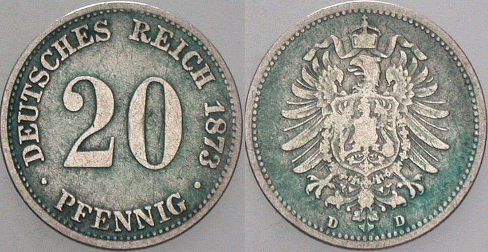 20 Pfennig 1873 J. 5 Fast sehr schön