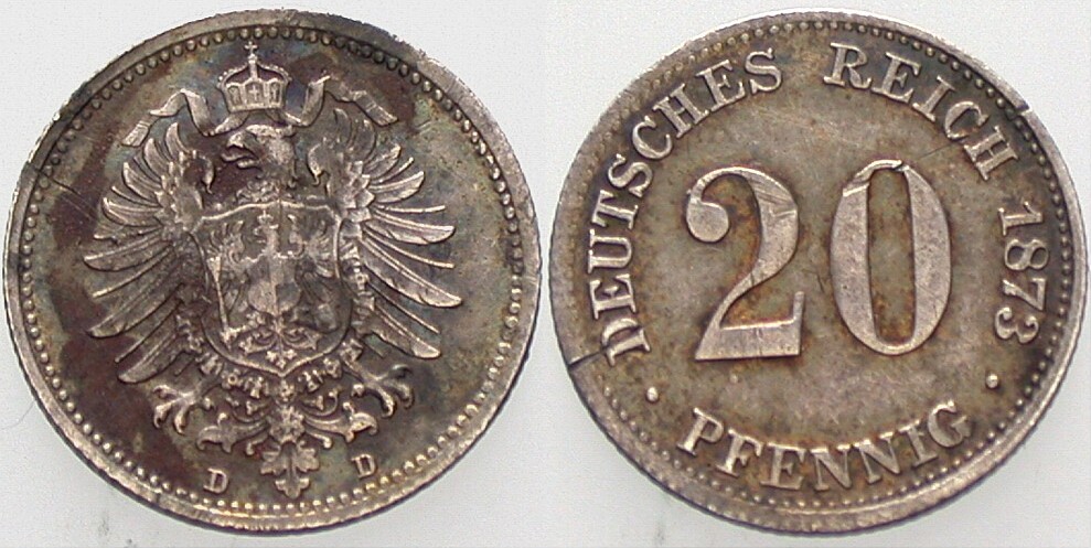 20 Pfennig 1873 J. 5 Kratzer, fast sehr schön