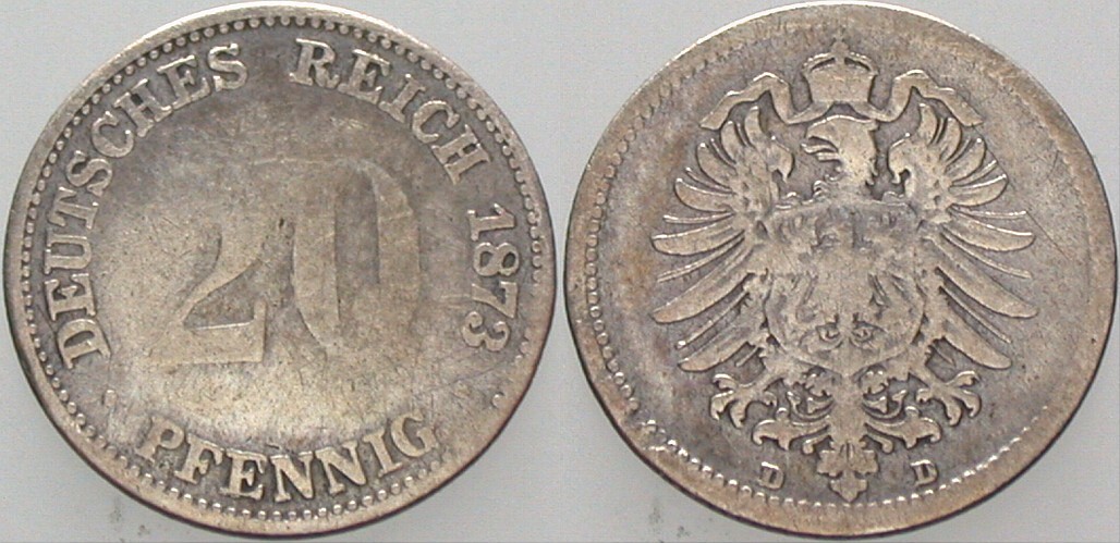 20 Pfennig 1873 J. 5 Randfehler, schön - sehr schön