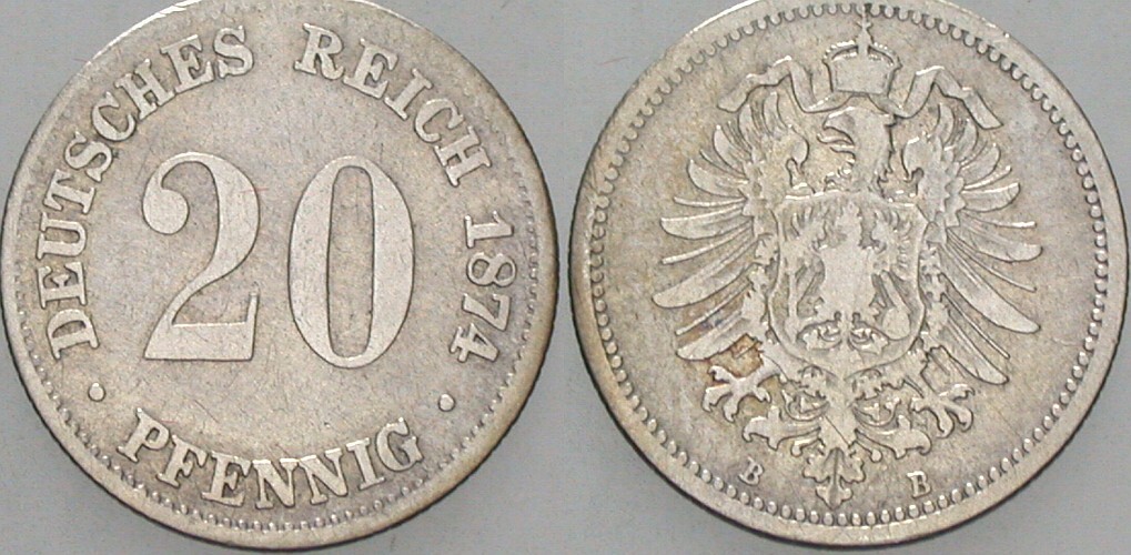 20 Pfennig 1874 J. 5 Fast sehr schön