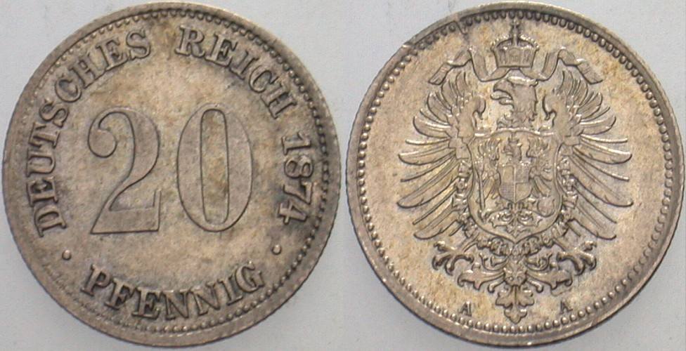 20 Pfennig 1874 J. 5 Patina, sehr schön +