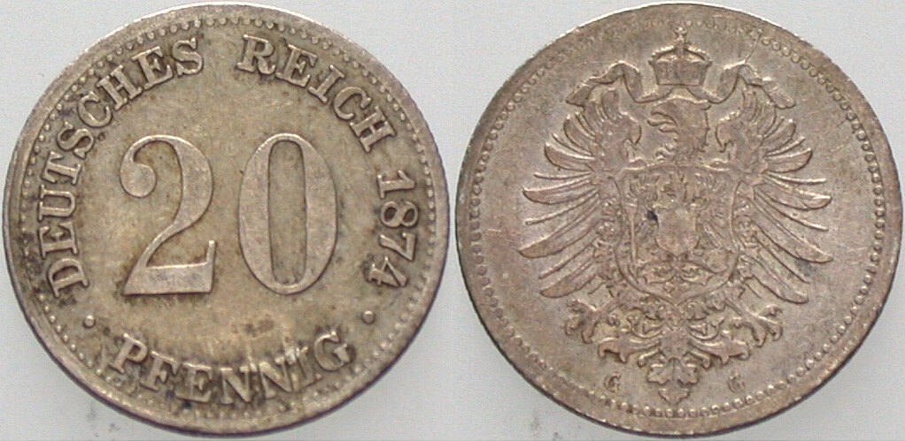 20 Pfennig 1874 J. 5 Patina, sehr schön - vorzüglich