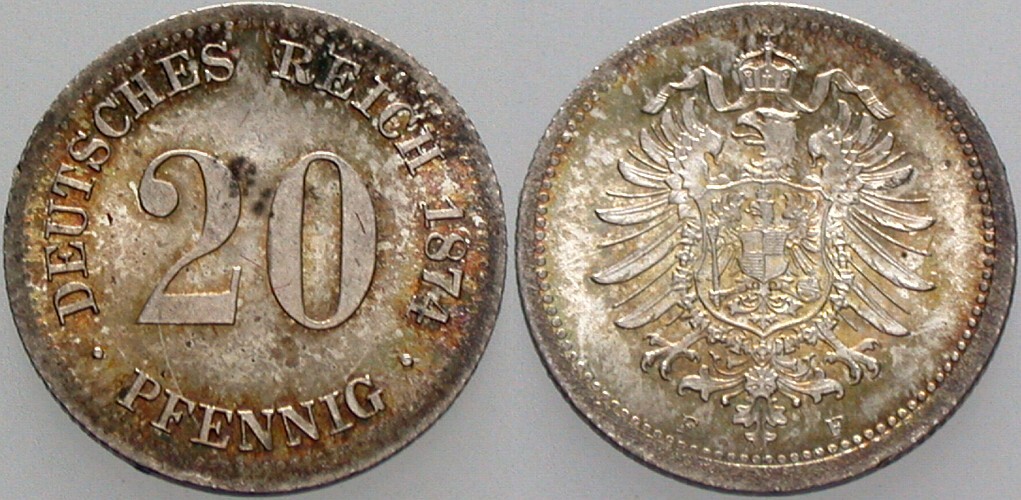 20 Pfennig 1874 J. 5 Prachtexemplar, Patina, vorzüglich - Stempelglanz