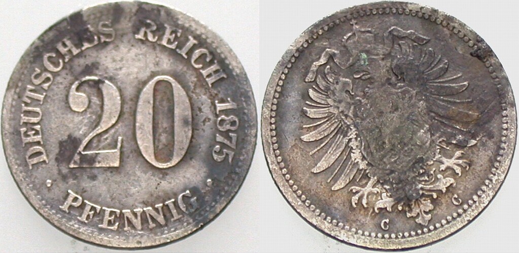 20 Pfennig 1875 J. 5 Erwas korrodiert, schön - sehr schön