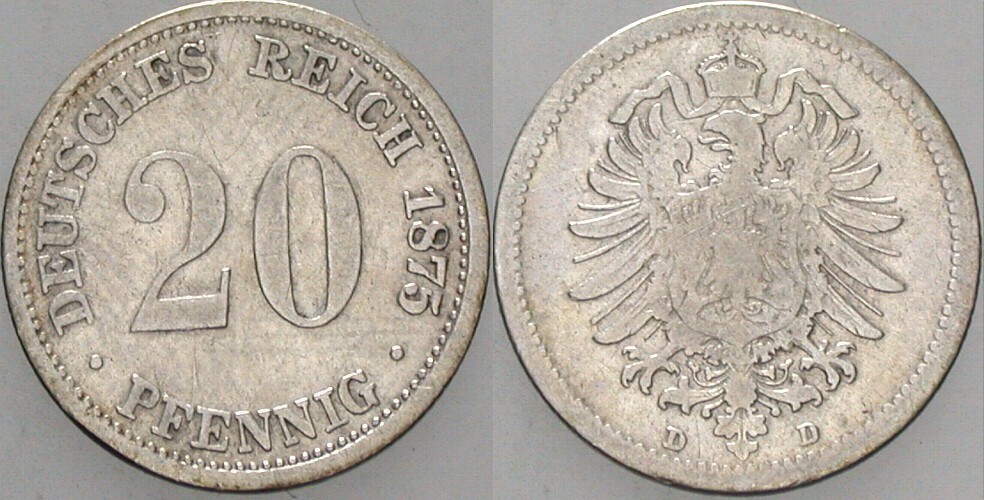 20 Pfennig 1875 J. 5 Fast sehr schön