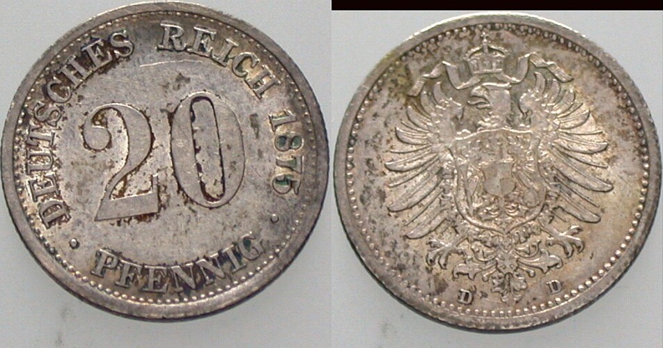 20 Pfennig 1875 J. 5 Fleckige Patina, vorzüglich