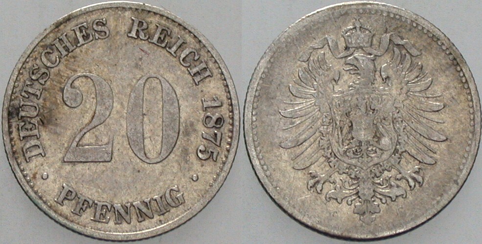 20 Pfennig 1875 J. 5 Schön - sehr schön