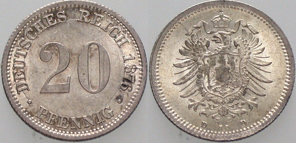 20 Pfennig 1876 J. 5 fast Stempelglanz