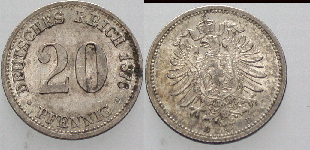 20 Pfennig 1876 J. 5 Fleckige Patina, vorzüglich