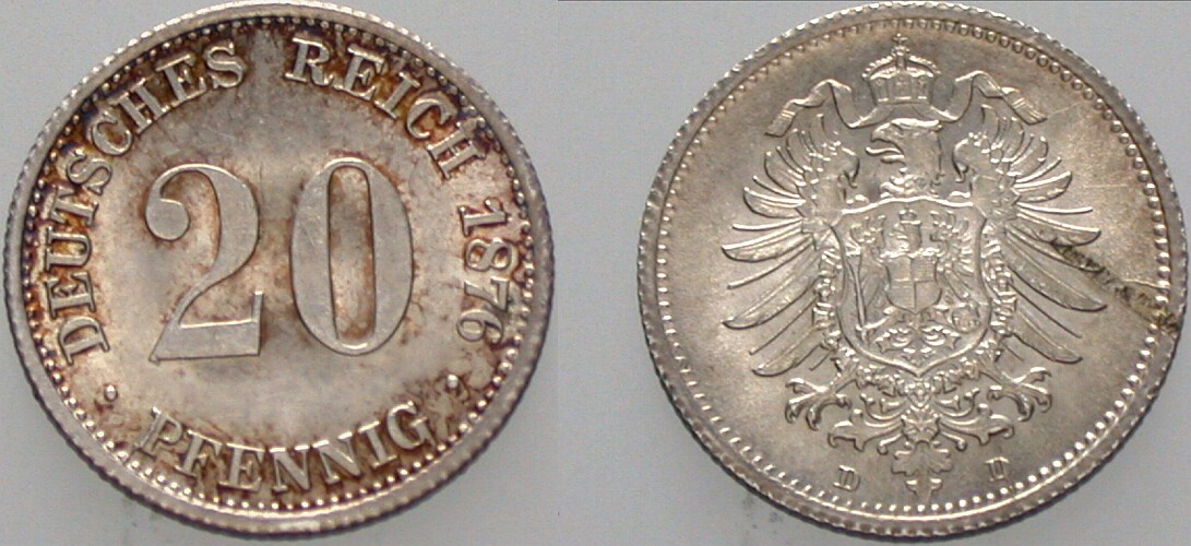 20 Pfennig 1876 J. 5 kl. Schrötlingsfehler, vorzüglich - Stempelglanz