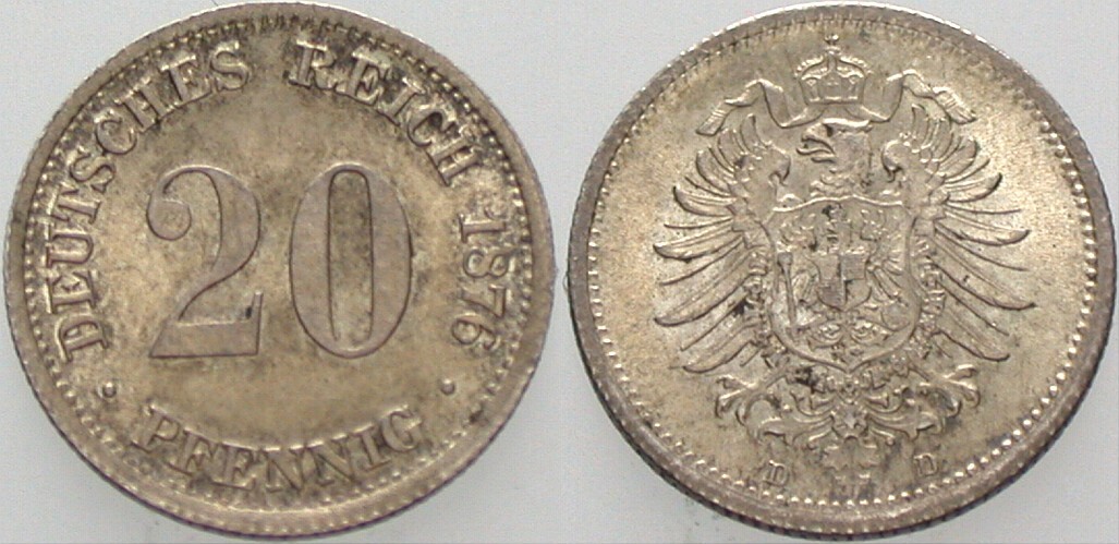 20 Pfennig 1876 J. 5 Patina, fast Stempelglanz