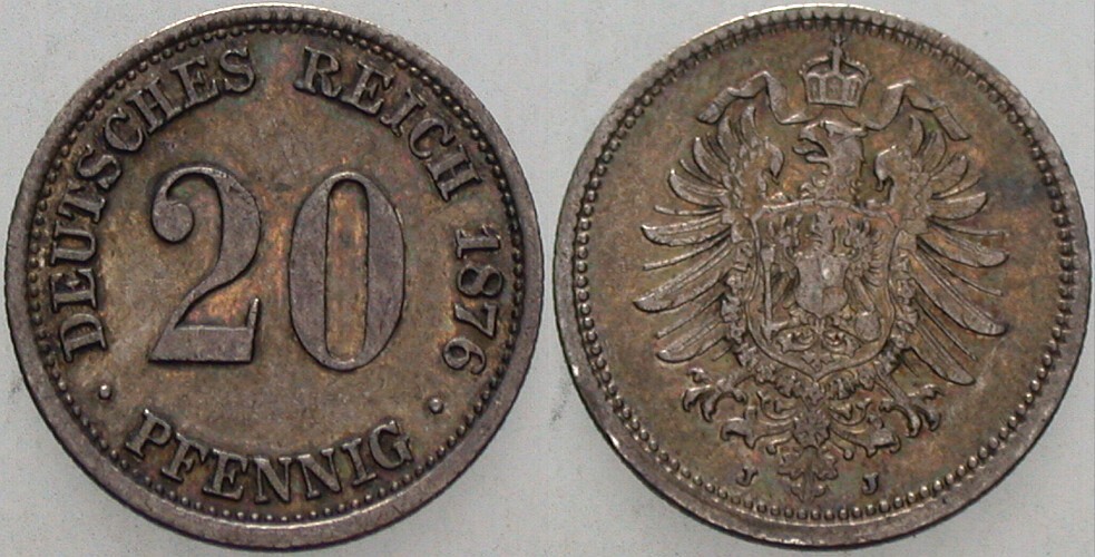 20 Pfennig 1876 J. 5 Patina, fast vorzüglich