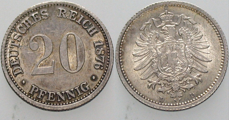 20 Pfennig 1876 J. 5 Patina, vorzüglich - Stempelglanz