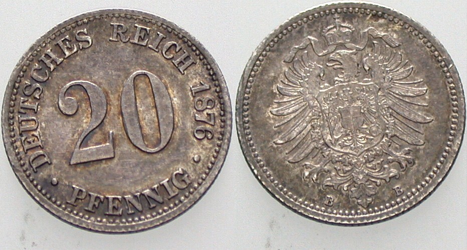20 Pfennig 1876 J. 5 Patina, vorzüglich