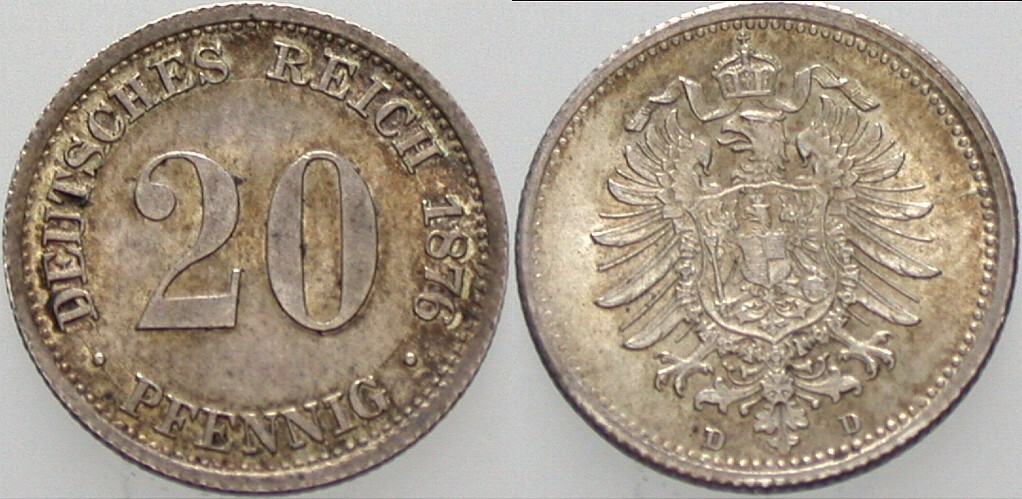 20 Pfennig 1876 J. 5 Vorzüglich - Stempelglanz