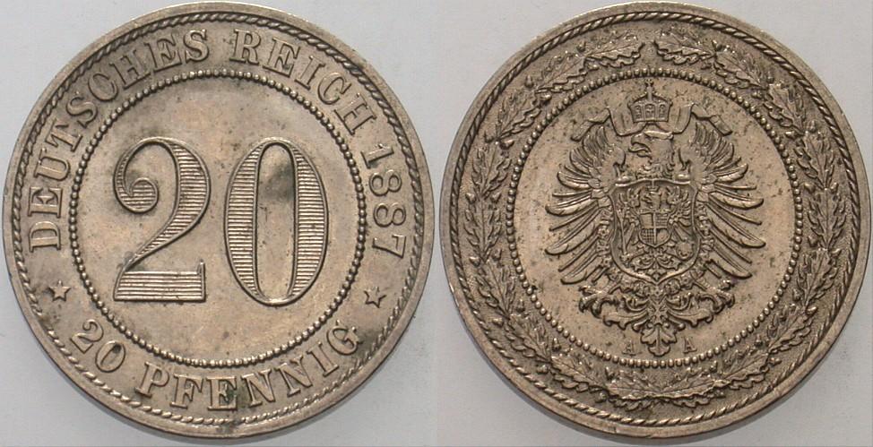 20 Pfennig 1887 J. 6 Etwas fleckiger Belag, sonst vorzüglich - Stempelglanz