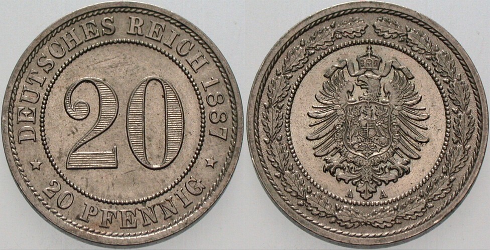 20 Pfennig 1887 J. 6 Patina, vorzüglich - Stempelglanz