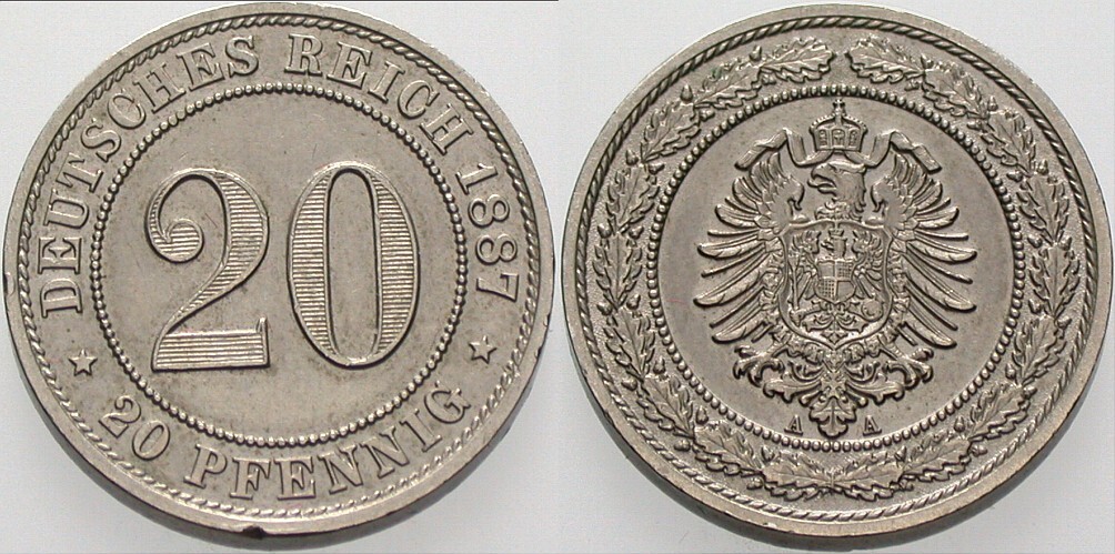20 Pfennig 1887 J. 6 Winz. Randfehler, vorzüglich