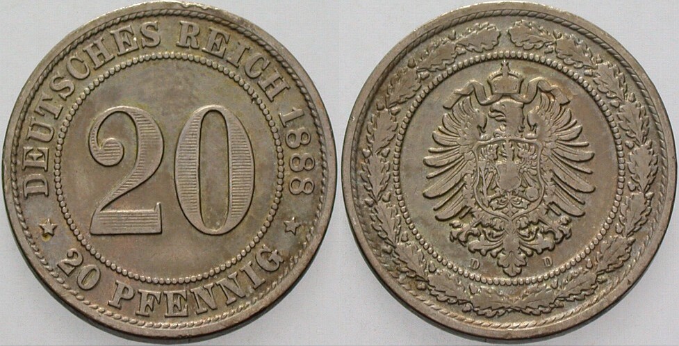 20 Pfennig 1888 J. 6 Gutes sehr schön