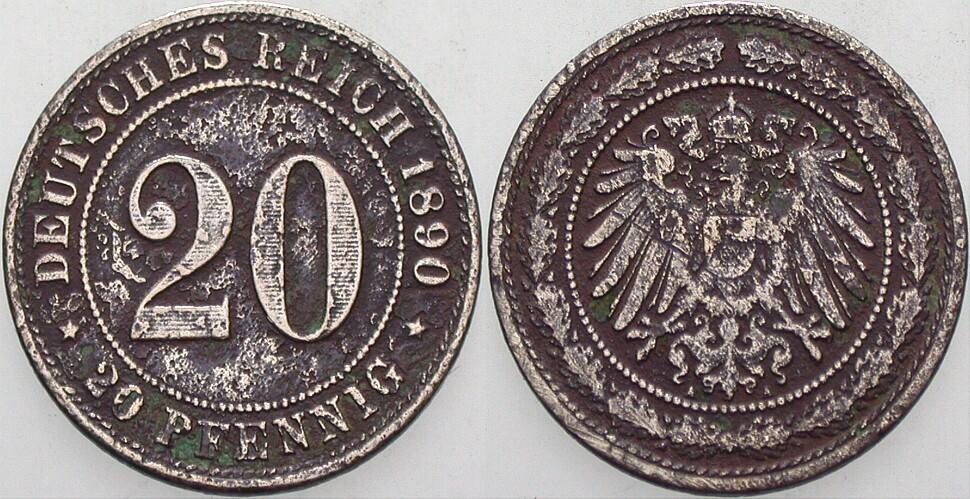 20 Pfennig 1890 J. 14 Korrodiert, schön