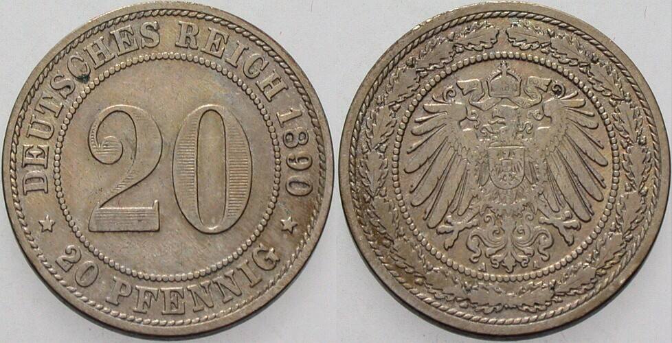 20 Pfennig 1890 J. 14 Sehr schön