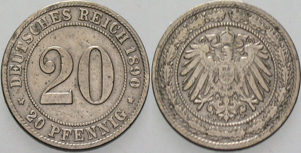 20 Pfennig 1890 J. 14 Wz. Kratzer, sehr schön